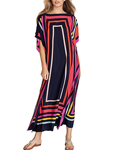 Bsubseach Damen Geometric Print Beach Long Kaftan Kleid Kurzarm Strandkleid für Bademode Caftan Loungwear von Bsubseach