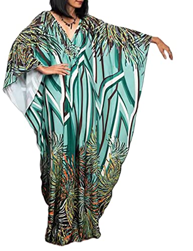 Bsubseach Damen Green Coral Batwing Sleeve Kaftan Kleid Strandponcho Plus Size Strand Maxi Caftan Kleider von Bsubseach