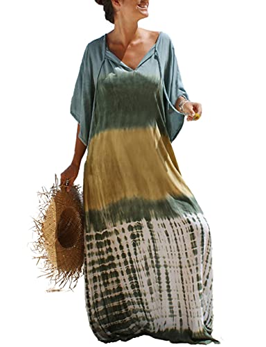 Bsubseach Damen Grün Tie Dye Kaftan Kleid Plus Size Beach Cover Up Kurzarm Caftan Maxi Kleider von Bsubseach