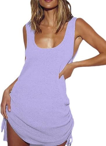 Bsubseach Damen Häkeln Rückenlose Bikini Strandkleid Sommer U-Ausschnitt Gestrickte Strand Tank Kleid Lila von Bsubseach