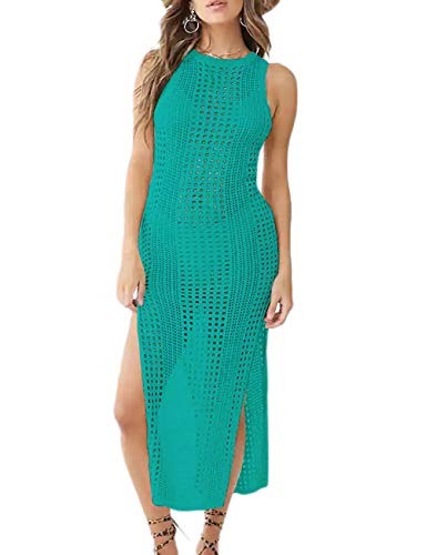 Bsubseach Damen Hollow Out Ärmelloser Bikini Strandkleid Bademode Seite Split Crochet Tank Strandkleid Grün von Bsubseach