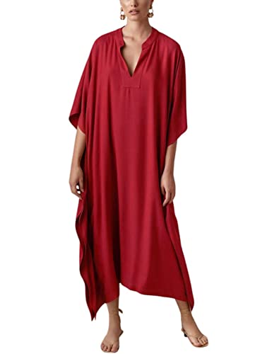 Bsubseach Damen Kaftan Kleider Batwing Sleeve Strandkleid V-Ausschnitt Caftan Maxi Kleid Sommer Rot von Bsubseach