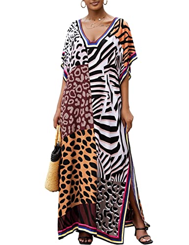 Bsubseach Damen Leopard Spot Print Kaftan Kleid Kurzarm Bikini Cover Up für Bademode Plus Size Beach Caftan Kleid von Bsubseach