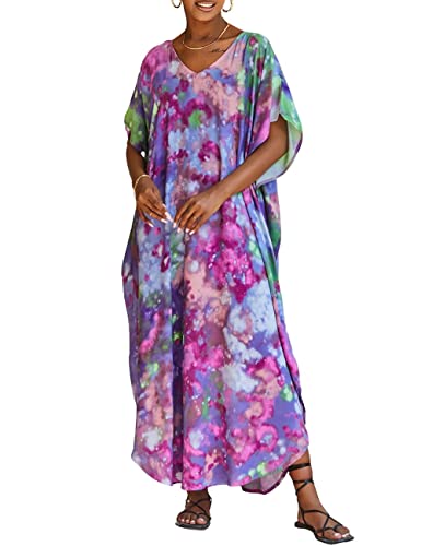 Bsubseach Damen Lila Tie Dye Plus Size Kaftan Kleid Loungewear Strandkleid Caftan Maxi Kleider von Bsubseach