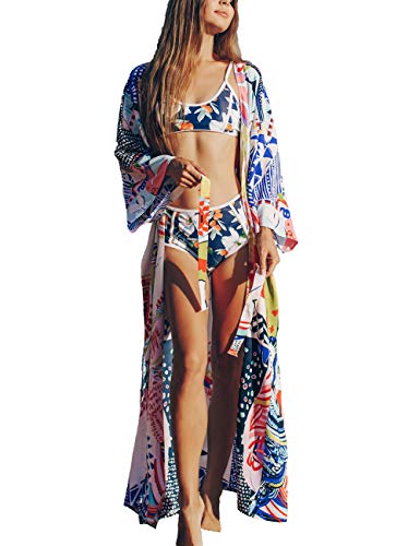 Bsubseach Damen Long Sleeve Beach Kimono Cardigan mit Gürtel Print Bikini Strandkleid von Bsubseach