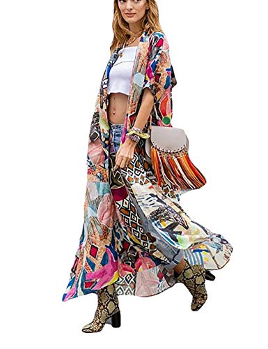 Bsubseach Damen Loose Print Kurzarm Bikini Strandkleid Bademode Kimono Cardigan Lange Blusen von Bsubseach