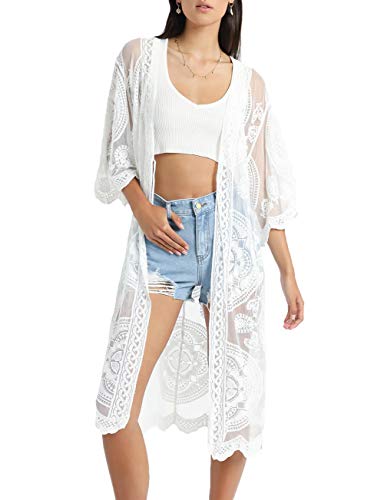 Bsubseach Damen Mesh Cardigan Bikini Beach Kimono Open Front Strandponcho Bademode Weiß von Bsubseach