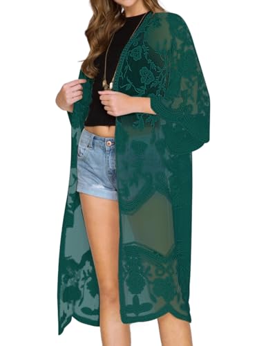 Bsubseach Damen Mesh Lace Beach Kimono Cardigan Open Front Strandponcho Bademode Dunkel Grün von Bsubseach