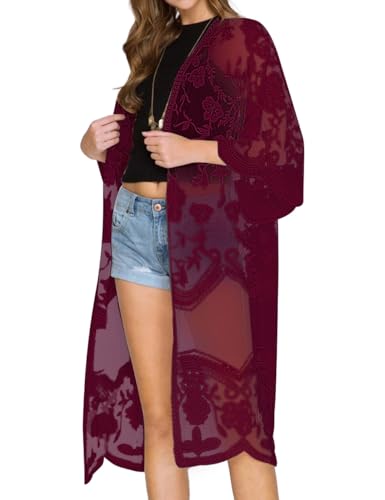 Bsubseach Damen Mesh Lace Beach Kimono Cardigan Open Front Strandponcho Bademode Dunkelrot von Bsubseach