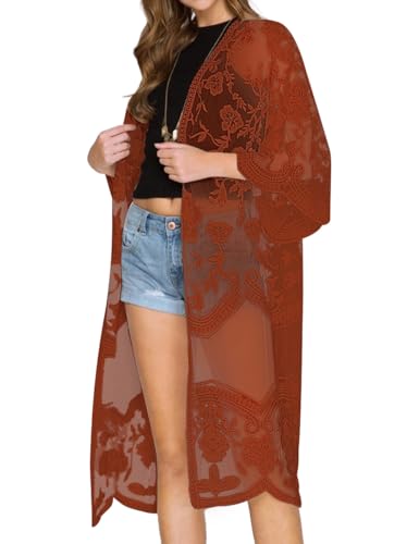 Bsubseach Damen Mesh Lace Beach Kimono Cardigan Open Front Strandponcho Bademode Rot von Bsubseach