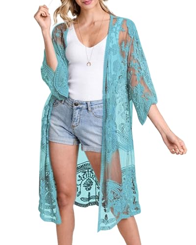 Bsubseach Damen Mesh Lace Beach Kimono Cardigan Open Front Strandponcho Bademode Blau von Bsubseach