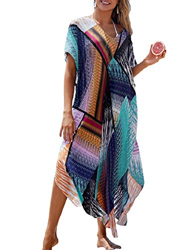 Bsubseach Damen Multicolor Print Strand Kaftan Kleider Kurzarm Strandponcho für Bademode von Bsubseach