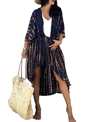 Bsubseach Damen Navy Tie Dye Long Beach Strandponcho für Bademode Sexy Bikini Beach Kimono Strickjacke von Bsubseach