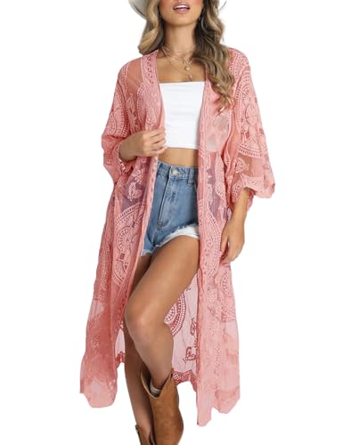 Bsubseach Damen Pink Mesh Cardigan Bikini Beach Kimono Open Front Strandponcho Bademode von Bsubseach