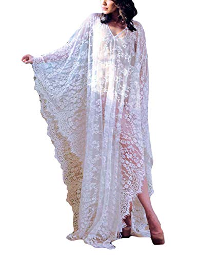 Bsubseach Damen Plus Size Lace Bademode Bikini Cover Up Batwing Sleeve V Neck Long Beach Kaftan Kleid von Bsubseach