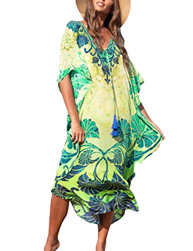 Bsubseach Damen Printed Short Sleeve Beach Kaftan Kleid Loose V Neck Bikini Strandkleid für Bademode von Bsubseach