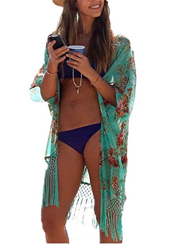 Bsubseach Damen Quaste Bikini Cover Ups Grün Floral Printed Badeanzug Kimono Cover Up Bademode Cardigan von Bsubseach