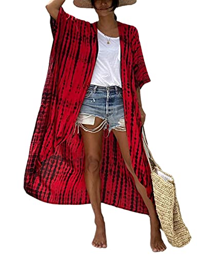 Bsubseach Damen Red Tie Dye Long Beach Strandponcho für Bademode Sexy Bikini Beach Kimono Strickjacke von Bsubseach