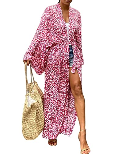 Bsubseach Damen Rosa Leopard Loose Strandkleid Langarm Kimono Open Front Sommer Cardigan mit Gürtel von Bsubseach