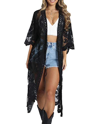 Bsubseach Damen Mesh Lace Beach Kimono Cardigan Open Front Strandponcho Bademode E-Schwarz von Bsubseach