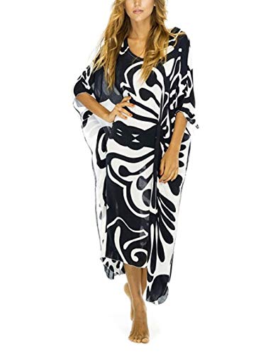 Bsubseach Damen Schwarz Print Batwing Sleeve Kaftan Beach Dress Loose V Neck Strandkleid Beachwear Einheitsgröße von Bsubseach