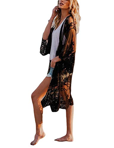 Bsubseach Damen Schwarz Sexy Lace Langarm Badeanzug Stickerei Strand Kimono Cardigan Bikini Cover Up von Bsubseach