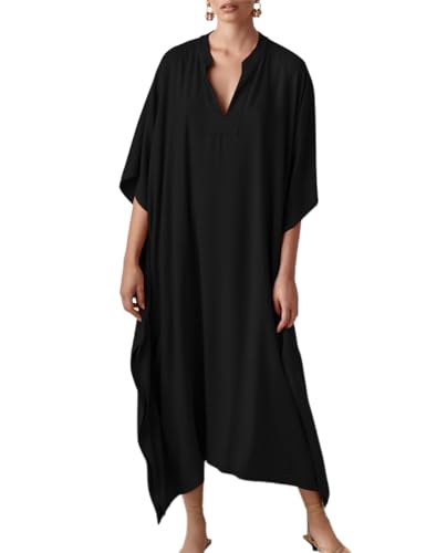 Bsubseach Damen Kaftan Kleider Batwing Sleeve Strandkleid V-Ausschnitt Caftan Maxi Kleid Sommer Schwarz Silky von Bsubseach