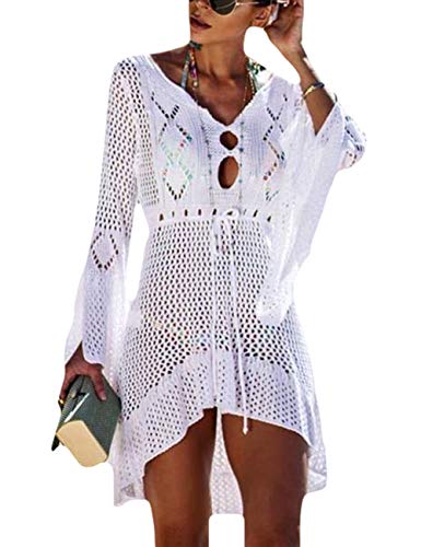 Bsubseach Damen Sexy Crochet Hollow Short Beach Tunika Kleid V Neck Flare Sleeve Bikini Bademode Cover Up von Bsubseach