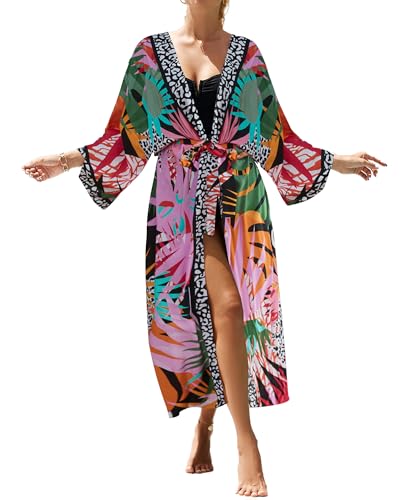 Bsubseach Kimono Cover Ups für Bademode Frauen Boho Badeanzug Coverup Strand Duster Lang Sommer Strickjacke Buntes Blatt von Bsubseach
