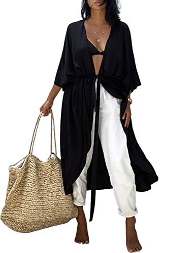 Bsubseach Frauen Schwarz Lange Strand Strandponcho für Bademode Sexy Bikini Strand Kimono Strickjacke von Bsubseach