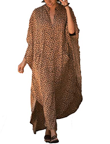 Bsubseach Damen Stilvolle Leopard Print Strandponcho Plus Size Button Caftan Kleider Down Beach Kaftan Shirt Kleid von Bsubseach