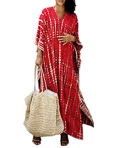 Bsubseach Damen Strand Kaftan Kleider Streifen Print Plus Größe Strandponcho Caftan Loungewear Kleid Rot von Bsubseach