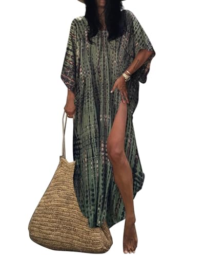 Bsubseach Damen Strandkleid Boho Strandponcho Plus Größe Kaftan Sommerkleid Maxikleid Lose Maxi Kimono Kaftan Armee Grün von Bsubseach