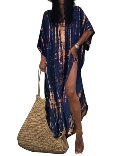 Bsubseach Damen Strandkleid Boho Strandponcho Plus Größe Kaftan Sommerkleid Maxikleid Lose Maxi Kimono Kaftan Navy von Bsubseach