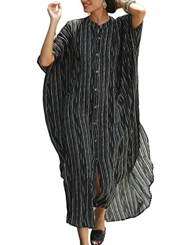 Bsubseach Damen Stylish Schwarz Streifen Print Strandponcho Plus Größe Caftan Kleider Button Up Strand Kaftan Shirt Kleid von Bsubseach