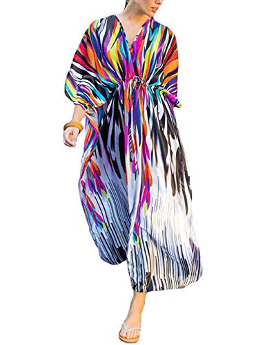 Bsubseach Damen V-Ausschnitt Loose Multicolor Rainbow Beach Dress Batwing Sleeve Long Kaftan Beachwear Strandkleid Plus Size von Bsubseach