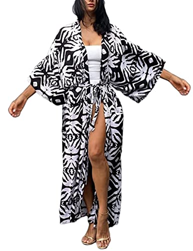 Bsubseach Damen Weiß Schwarz Print Loose Strandkleid Langarm Kimono Open Front Sommer Cardigan mit Gürtel von Bsubseach