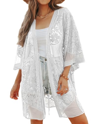 Bsubseach Damen White Sexy Lace Long Sleeve Badeanzug Stickerei Strand Kimono Cardigan Bikini Cover Up von Bsubseach