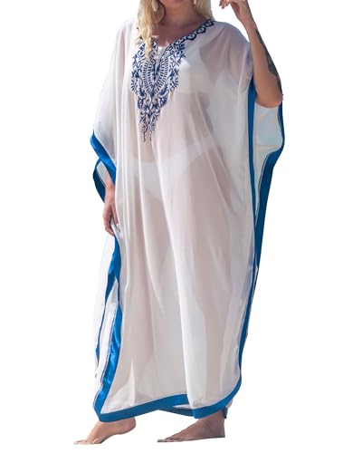 Bsubseach Damen Weiß Stickerei Chiffon Bademode Türkische Kaftans Strandkleid Caftan Beach Long Dress von Bsubseach