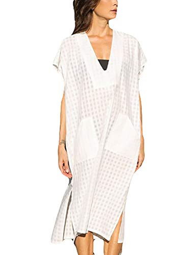 Bsubseach Damen White Plaid Kurzarm Strandkleid Sexy Deep V Neck Side Schlitz Strand Langes Kleid von Bsubseach