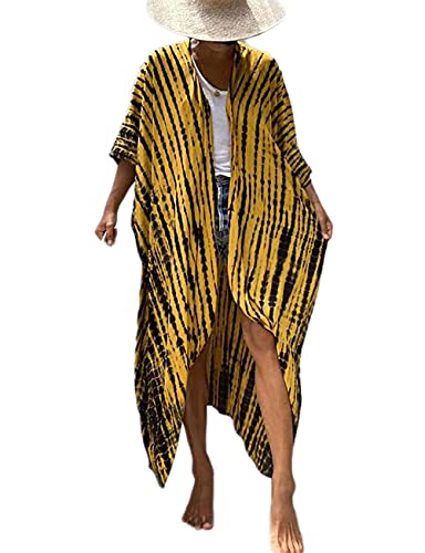 Bsubseach Damen Yellow Tie Dye Long Beach Strandponcho für Bademode Sexy Bikini Beach Kimono Strickjacke von Bsubseach