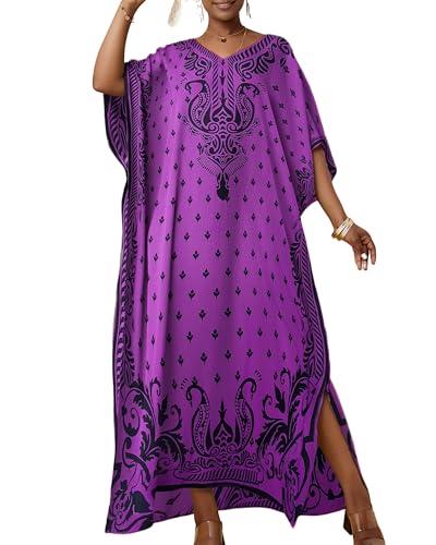Bsubseach Ethnische Kaftan Kleider für Frauen Plus Größe Strand Cover Up Kurze Ärmel Strandkleid Kaftan Loungewear Lila von Bsubseach