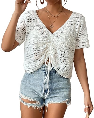 Bsubseach Frauen Badeanzug Abdeckung Up V-Ausschnitt Häkeln Coverups Kordelzug Strandtuch Kurzarm Strick Strand Tops für Bademode Weiß von Bsubseach