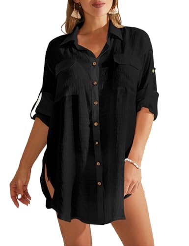 Bsubseach Frauen Badeanzug Cover Up Button Down Strand Bluse Langarm Bikini Coverup Bademode Shirt Schwarz L von Bsubseach