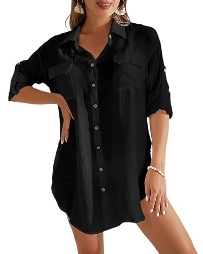Bsubseach Frauen Badeanzug Cover Up Button Down Strand Bluse Langarm Bikini Coverup Bademode Shirt Schwarz XL von Bsubseach