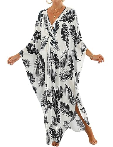 Bsubseach Frauen Badeanzug Cover Up Strand Kaftan Kleid Plus Size Kaftan Sommer Lange Cover Ups Schwarz Blätter drucken von Bsubseach