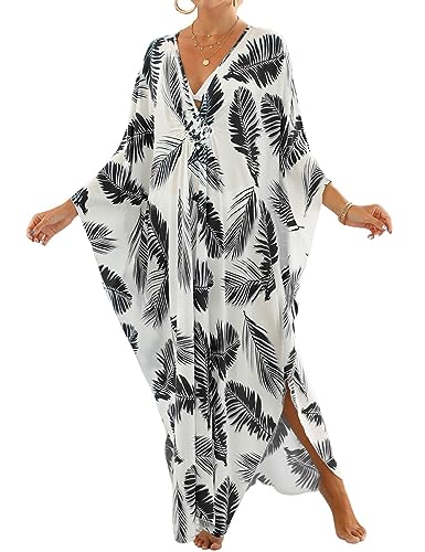 Bsubseach Damen V-Ausschnitt Kaftan Strandkleid Boho Floral Lange Plus Größe Pareos Lose Tunika Maxikleid Schwarz Blätter Drucken von Bsubseach