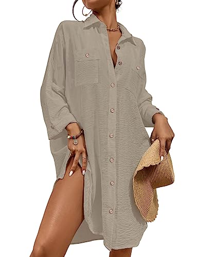 Bsubseach Frauen Badeanzug Cover Up für Bademode Übergroßes Hemd Coverup Button Down Strand Shirt Khaki S von Bsubseach