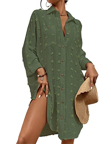 Bsubseach Badeanzug Coverup für Frauen Badeanzug Cover Up Button Down Shirt Kleider Swiss Dot Armee grün von Bsubseach