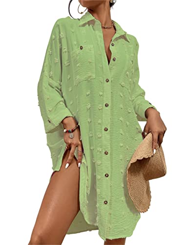 Bsubseach Frauen Badeanzug Cover Ups für Bademode Schweizer Dot Strand Shirt Button Down Cover Up Kleid Avocado Grün von Bsubseach